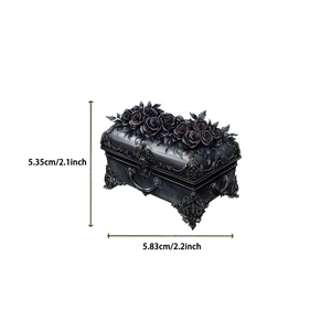 Close-up of gothic black rose jewelry box showing dimensions 5.35cm height and 5.83cm width