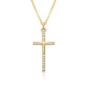 Detail of a gold cross pendant necklace with white cubic zirconia pavé and fine chain
