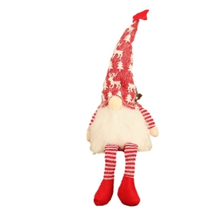 Gnome de Noël lumineux avec bonnet tricoté rouge et longues jambes rayées sur fond blanc