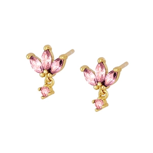 Detail of gold floral earrings featuring pink marquise crystals and round zircon charms