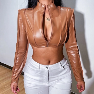 Detailed view of the brown slim-fit leather jacket with zipper and stand collar