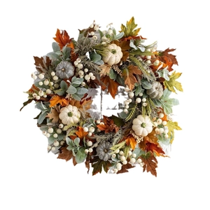 Fall wreath with white pumpkins, maple leaves and eucalyptus on white background