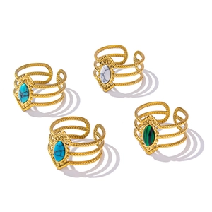 Adjustable gold 304 stainless steel rings set with turquoise and malachite stones