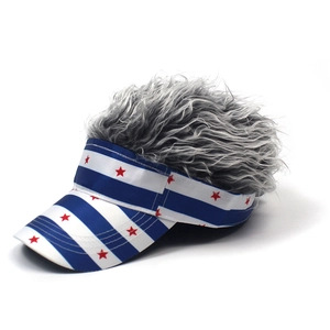 Detail of creative visor hat featuring red stars, blue stripes and silver gray hair wigs