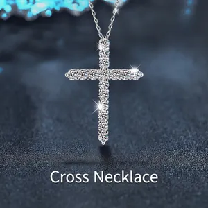 Moissanite Cross Pendant Necklace 925 Sterling Silver Chain For Women Statement Luxurious Elegant Religious Jewelry Gift