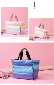Quilted puffer tote bags in rainbow and blue gradient with metallic finish and handles
