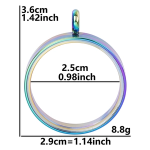 Rainbow stainless steel round locket pendant dimensions showing 3.6cm height and 2.5cm inner diameter