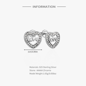 Detailed view of 925 sterling silver heart earrings with love letter and cubic zirconia