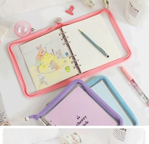 Detail of colorful PVC loose-leaf notebooks with cherry design and metal binder rings