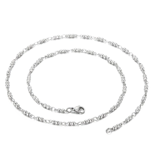 Minimalist silver stainless steel bead chain necklace with lobster clasp on white background
