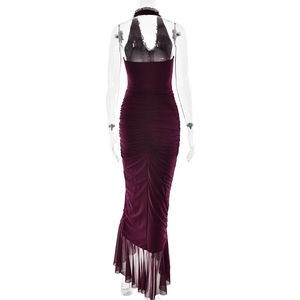 Back view of burgundy halter neck backless dress with ruched mermaid mesh skirt details
