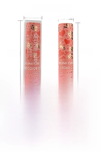 Detailed view of matte lipstick packaging with heart patterns and precise dimensions