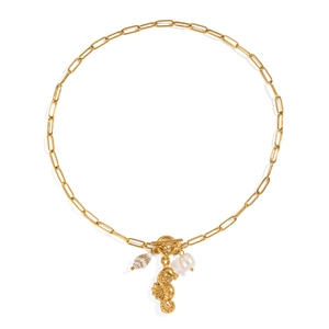18K gold plated paperclip chain necklace with seahorse, pearl and shell charms with OT buckle
