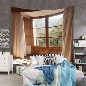 Detailed landscape tapestry featuring mountain scenery as a cozy bedroom backdrop wall decor