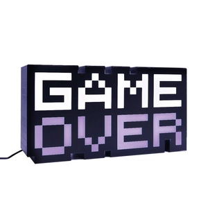 Macro detail of Game Over pixel light box with purple LED lighting and black plastic shell