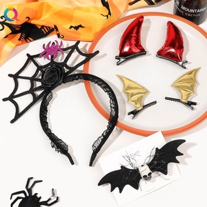 Detailed view of Halloween headband set with spider web, devil horns and bat clips