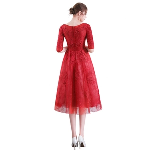 Elegant red lace evening dress with 3/4 sleeves and V-neck back for cocktail parties
