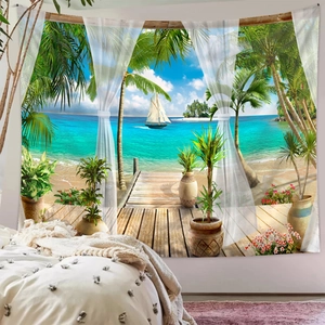Bedroom wall decor featuring a tropical beach landscape tapestry with palm trees and ocean
