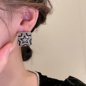 Square star stud earrings with pave crystals and black enamel in silver finish