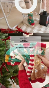 Detail of soft coral fleece Christmas socks featuring festive patterns and warm plush lining