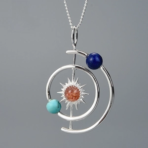 Solar System S925 sterling silver necklace with sunstone and planet beads
