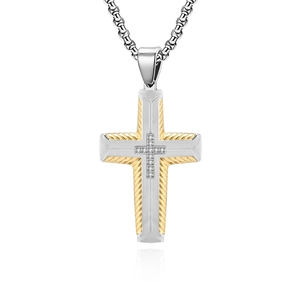 Two-tone hip hop cross necklace in stainless steel with tire texture and inset stones