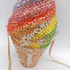Detailed close-up of rainbow crystal embellishments on ice cream cone clutch bag