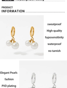 Detailed view of waterproof PVD gold plated earrings with glossy pearls for women