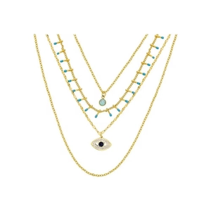 Three-layer gold titanium steel necklace featuring turquoise beads and evil eye pendant