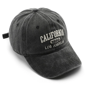Vintage washed cotton baseball cap with California 1850 embroidery on dark grey canvas