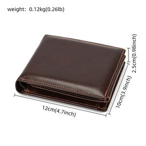 Detailed size chart of a brown leather wallet showing dimensions 12cm x 10cm x 2.5cm