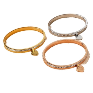 Elegant 18K gold heart charm bracelets with sparkling crystals in three metallic tones