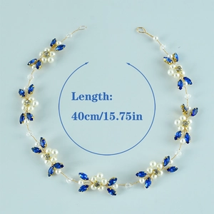 Detail showing 40cm bridal pearl and blue crystal headpiece dimensions and gold wire texture
