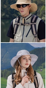 Dettaglio cappello da trekking con rete traspirante e cinturino regolabile all'aperto