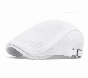 Close-up of breathable white mesh fabric and adjustable metal buckle on summer flat cap