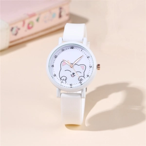 Pink and white quartz watch for girls featuring a cute cat pattern and silicone strap