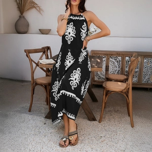 Halfter Maxikleid Ärmellos Paisley Ethno Druck Sommer Strand Urlaub Kontrastfarbe Damen Boho Stil