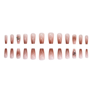 Brown gradient press-on nails with 3D metal rabbit ears and pearl accents 24pcs