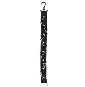 Close-up of durable black nylon strap with 8 metal clips for organizing caps and socks