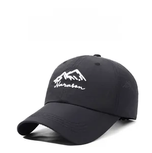 Detailed view of the Narason mountain embroidery on a quick-dry black baseball cap