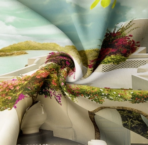 Detail of high-definition digital print fabric with scenic Mediterranean landscape