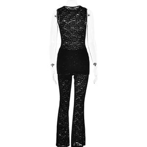 Back view of a black lace two-piece set with a sleeveless top and flared pants on a mannequin