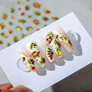 Stickers à ongles 3D motif fruits avec cerises et citrons sur longs ongles cercueils