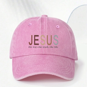 Pink washed denim baseball cap with Jesus print and the way the truth the life text