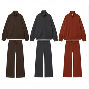 Women Casual Stand Collar Zipper Sweatshirt And Wide Leg Pants Solid Color Long Sleeve Knit Loungewear