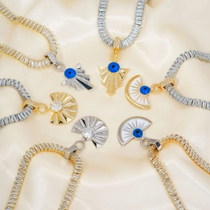 Luxurious gold and silver fan necklaces with evil eye pendants on tennis chains
