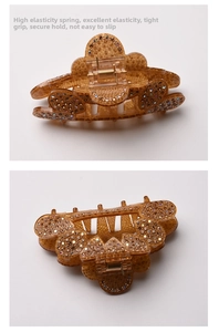Detail view of coffee brown hair claw clip with rhinestones and high elasticity spring