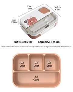 Detail view of 1250ml 4-compartment bento box with dimensions 23x16.5x7cm and pink lid
