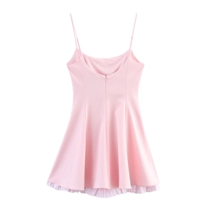 Pink satin A-line cami dress with striped ruffle hem and back zipper detail