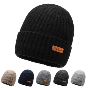 Winter Beanie Hat Knitted Ribbed Thick Fleece Lined Warm Windproof Casual Cold Weather Cap Men Women Leather Patch